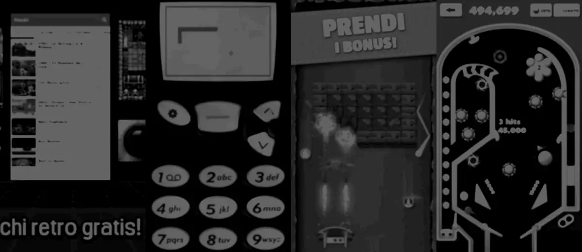 Collage in bianco e nero di schermate arcade retrò