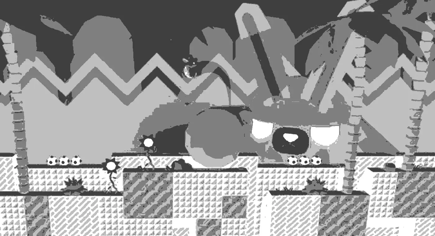Fotogramma di un platform a pixel trattato in bianco e nero